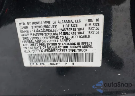 2011 Honda Ridgeline Rtl z USA, uszkodzony, nr VIN 5FPYK1F53BB003797